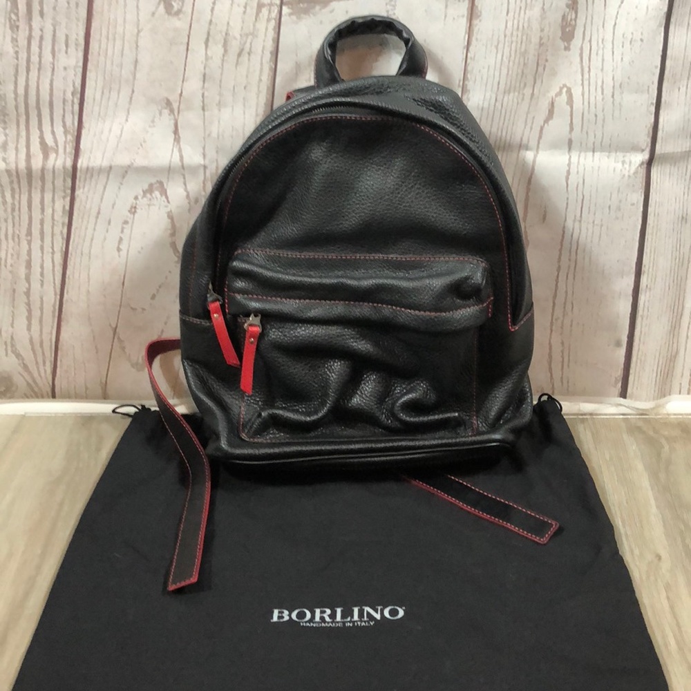 Borlino Leather Backpack New.  Black with red trim